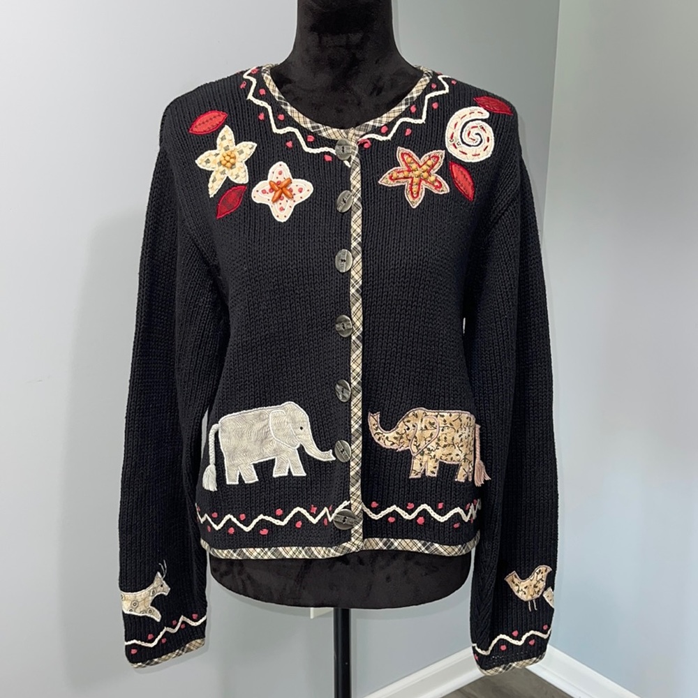 Vintage Orivis ramie cardigan sweater Medium floral animals patch embroidered